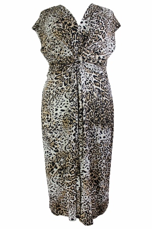 3-0134 Brūna leopardraksta midi kleita ar izgriezumiņu aizmugurē